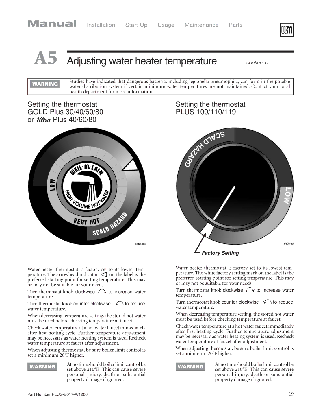 Weil-McLain PLUS-E017-A/1206 manual A5 Adjusting water heater temperature , Setting the thermostat 